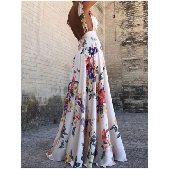 Floral Print Shoulder Tie backless Bridal Wedding Summer Maxi Dress - Picture 8 of 11